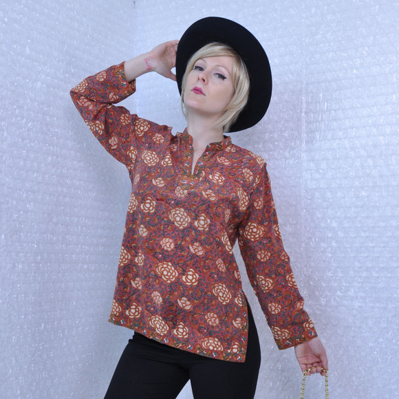 Vintage Tops - Vintage 1970s brown floral boho silk blouse Vintage Tops - Vintage 1970s brown floral boho silk blouse